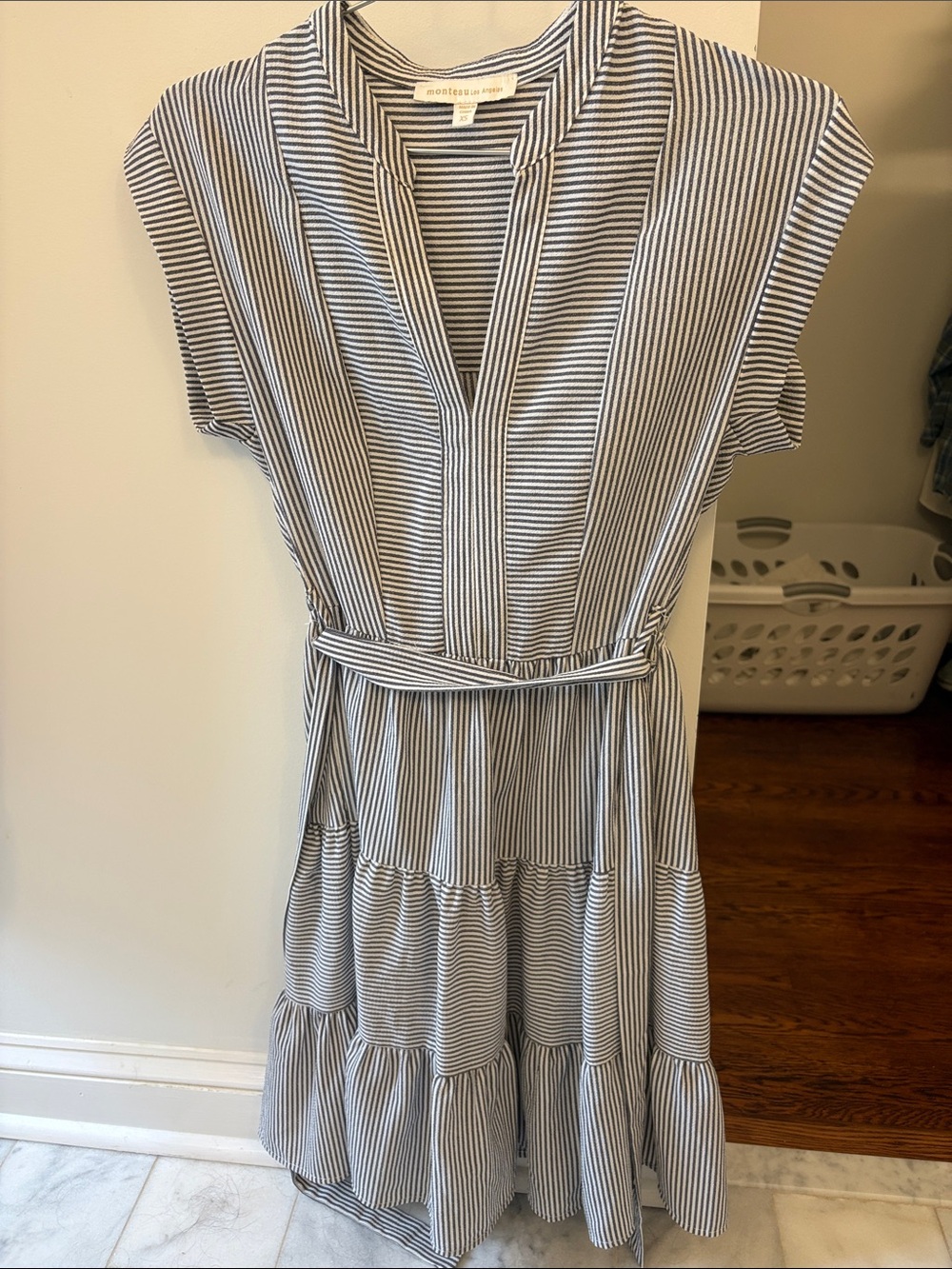 Kontra Los Angeleles Navy & White Striped Tiered Midi Dress